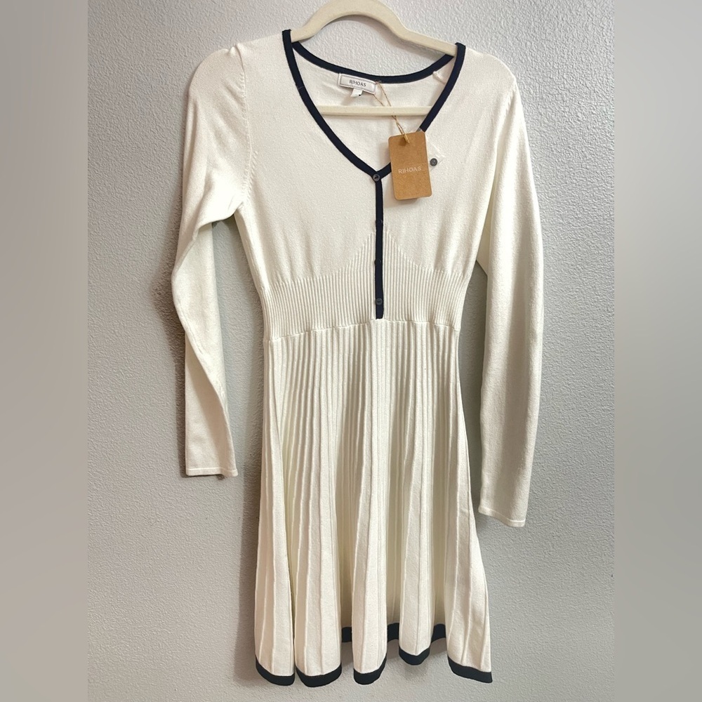 RIHOAS White and Black Trim Pleated Skirt Sweater Midi Dress Size Small NWT - Picture 2 of 8